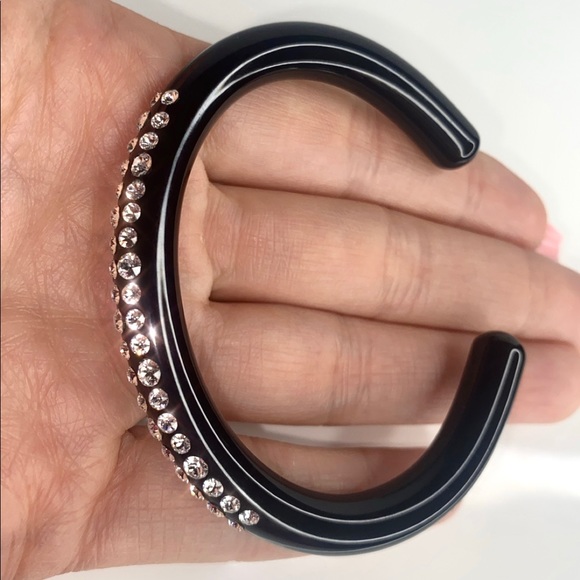 Women’s Black Acrylic Cuff Bracelet Embellished With Genuine AAA Crystals, New - Picture 11 of 13
